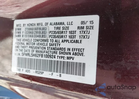 2015 Honda Odyssey Ex-L z USA, uszkodzony, nr VIN 5FNRL5H62FB100924